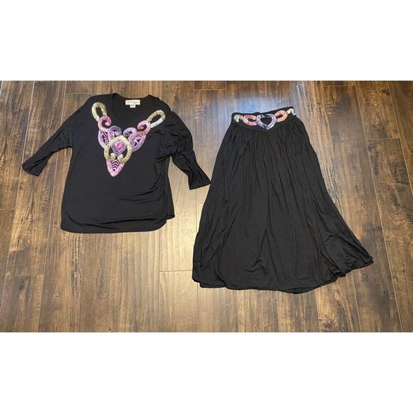 Unbranded Dresses & Skirts - Vintage Christine Gerard Sequin Embellished Black Rayon Top & Skirt Set M